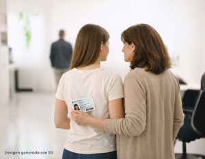 Joven adulta acompañada por su madre en un entorno luminoso, como representación del acompañamiento familiar y la identidad personal reconocida por un fallo judicial.