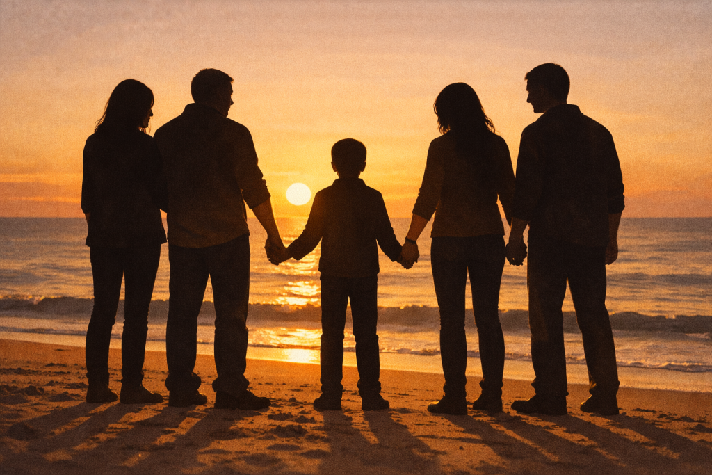 Ilustración de un niño acompañado por cuatro adultos tomados de la mano, como representación simbólica de la pluriparentalidad y los apegos múltiples reconocidos en un fallo judicial de Chubut.